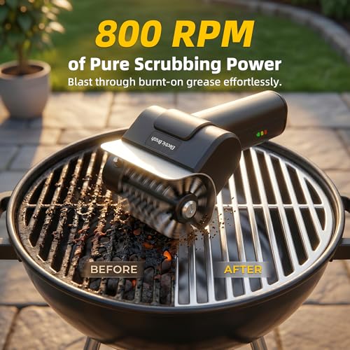 Electric Grill Brush for Outdoor Grill, 800 RPM Electric Grill Cleaner with Dual Safety Lock, Rechargeable Cordless Grill Cleaning Brush for BBQ Grate, Gifts for Men/Dad, Black