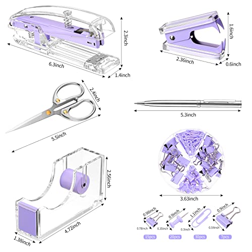 Office Supplies Set Desk Accessory Kit, Acrylic Stapler Set Staple Remover, Tape Dispenser, Binder Clips, Paper Clips, Ballpoint Pen and Scissor with 1000 Pieces 26/6 Staples (Purple) - color: Purple
