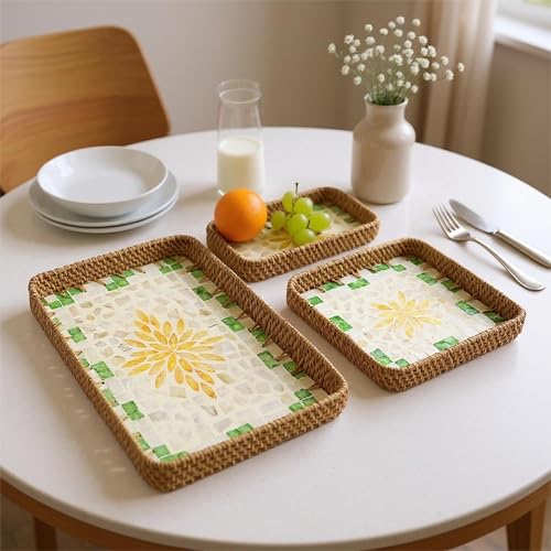 3 Pcs Rectangle Rattan Mother of Pearl Inlay Shell Decorative Serving Tray - color: Yellow Flower