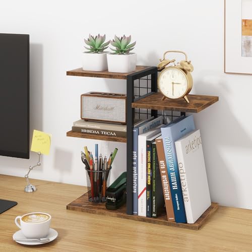 ELITEROO Desktop Shelf Organizer, 4-Tier Wooden Desk Bookshelf, Small Tabletop Book Shelf, Adjustable Display Rack for Home, Office, Dorm, Rustic Brown - color: Brown