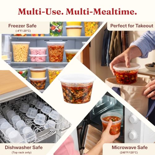 16oz Deli Containers with Lids (48 Sets) Plastic Pint Containers With Lids, BPA Free Microwave Safe Leakproof Stackable Freezer Containers With Lids for Overnight Oat, Food Storage - size: 16 oz - 48 Sets