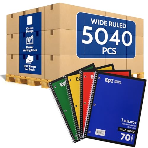 5040 Pack (Pallet) Bulk EPI Spiral Notebooks – Wide Ruled, 70 Sheets, Durable Spiral Binding – Assorted – 10.5 x 8in – Bulk School Supplies, Heavy Duty for Journaling, Office or Classroom Notes - color: Assorted, size: 5040