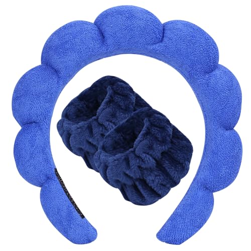 Beleki Spa Headband for Washing Face Wristband Set Sponge Makeup Skincare Face Washing Headband Terry Cloth Bubble Puffy Hairband Non Slip Headwear Hair Accessory for Women - Royal Blue - color: Royal Blue