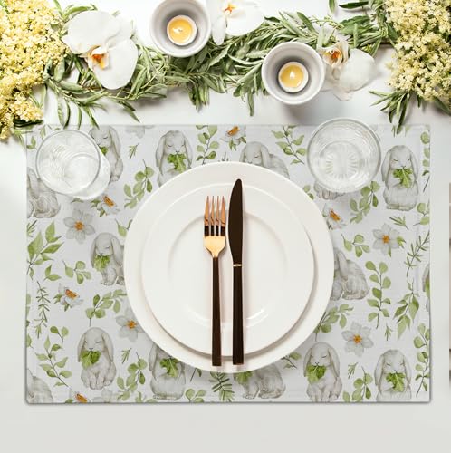 Easter Bunny Rabbits Placemats Set of 4 Easter Spring Green Leaves Flroal Dining Table Placemats 12x18 Inch Heat Resistant Washable Table Mats for Kitchen Dining Holiday Indoor - color: Easter Bunnies