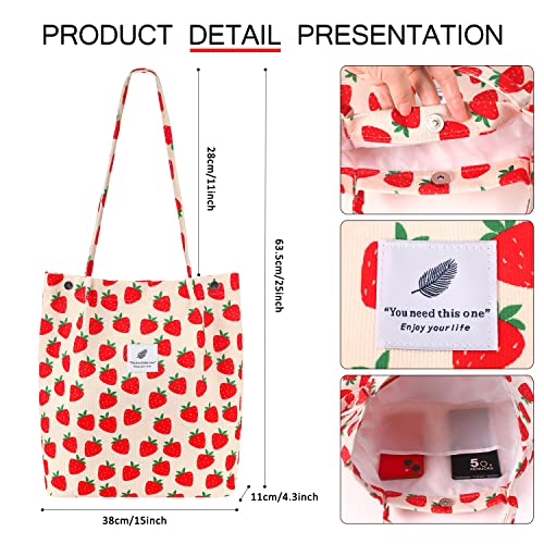 Ayieyill Corduroy Tote Bag for Women Canvas Shoulder Cord Purse with Inner Pocket - color: B-strawberry