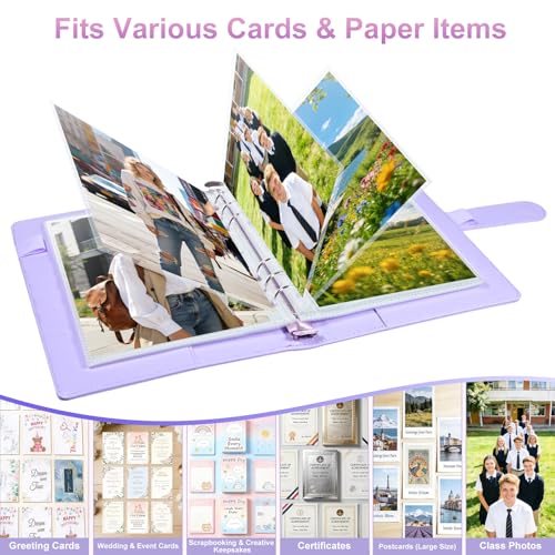 PU Leather A5 Binder, 5x7 Photo Sleeves with 60 Pockets, Secure Top Loading Pages, Refillable Adjustable Album for Keepsakes, Purple - color: Purple