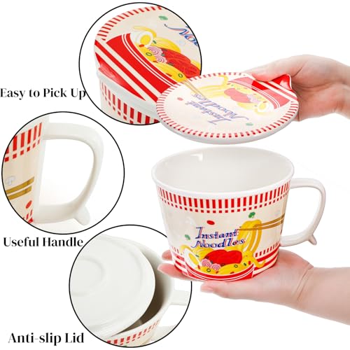 Pumtus Ceramic Ramen Bowl with Lid, 35 OZ Large Japanese Instant Noodle Cup with Fork & Handle, Cute Deep Soup Mug Set, Cereal Porridge Tableware for Home Office Dorm, Microwave & Dishwasher Safe