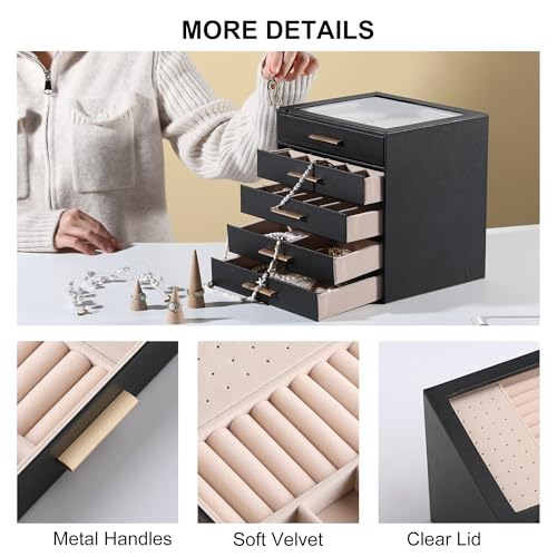 Frebeauty Jewelry Box for Women,Clear Lid Jewelry Organizer with 5 Drawers - color: Black, size: 5 Drawer