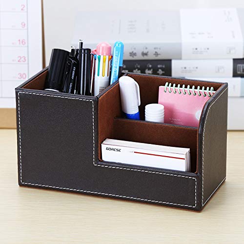 Leather Multi-Function Desk Stationery Organizer Storage Box Pen/Pencil, Cell Phone, Business Name Cards, desk organizers (Coffee) - color: Coffee