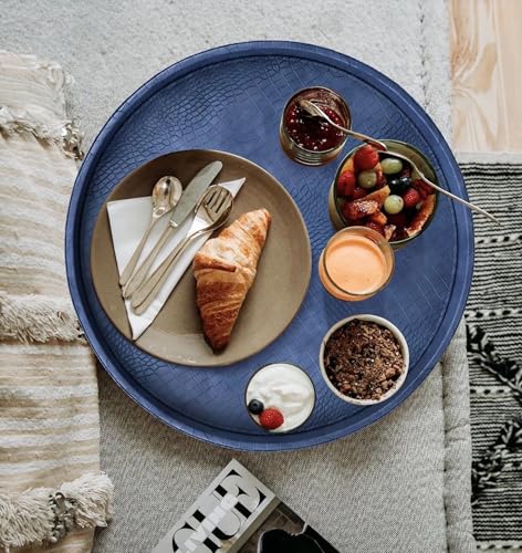 HofferRuffer Round Serving Tray 20'', Elegant Faux Leather Circle Ottoman Table Tray, Serve Tea Coffee Breakfast in Bedroom Living Room Kitchen (Blue, 20") - color: Blue, size: 20"