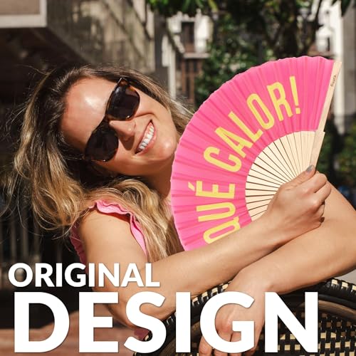 Fisura – Original Pink Folding Fan with Message qué calor, Wooden Handheld Fan for Women, Ideal for Rave, Party, Wedding, Birthday, Gift or Summer Decoration - color: Qué Calor, Pink