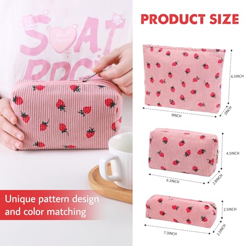 3 Pcs Makeup Bag Cosmetic Bag Set for Girls Women Travel Organizer Bathroom Toiletry Pouch Large Capacity Storage Bag (Strawberry Pink) - color: Strawberry Pink