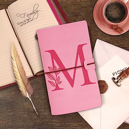 Personalized Journal Gift-Pink Initial Leather Journal+Heart Diamond Pen Set,Travel Notebook Diary Gifts,Refillable Notepads,Christmas,Birthday Gifts for Women Girls (7.9"x4.7") (M) - style: M