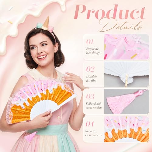 12 Pack Ice Cream Party Favors Hand Fans Bulk, Folding Fans with Tassel - color: 4 Colors, size: Ice Cream