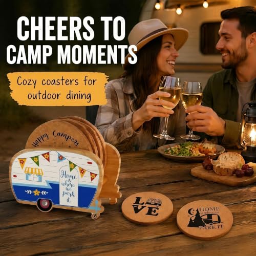 Cool Happy Camper RV Coasters Set of 4 with Holder - color: New Blue