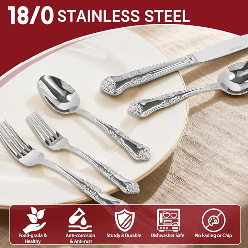 Silverware Set,20-Piece Stainless Steel Flatware Set with Floral Handles,Included Knife Spoon and Fork, Mirror Polished Cutlery Utensil Sets for Home Kitchen Restaurant Wedding, Party - color: Silver, size: 20 pieces for 4