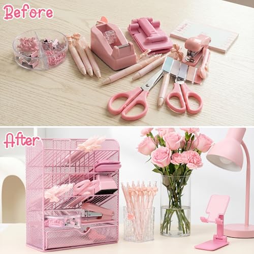 WATINC Pink Desk Organizer Accessories - 21pcs Aesthetic Office School Storage Supplies with Mesh Desk Organizer, Bow Pen Holder, Tape Dispenser, Ruler, Clip, Phone Stand Stationery Kit for Girl Women