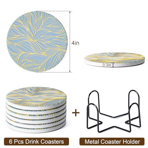 6Pcs Absorbent Coasters Set with Holder,Ceramic Drink Coaster,4 in（A7） - color: Gilded Relief