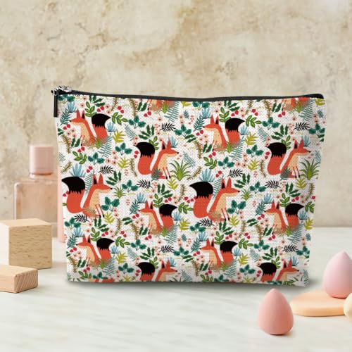 Boho Makeup Bag, Fox Botanical Floral Cosmetic Bag Makeup Organizer Pouch - color: ForestFox