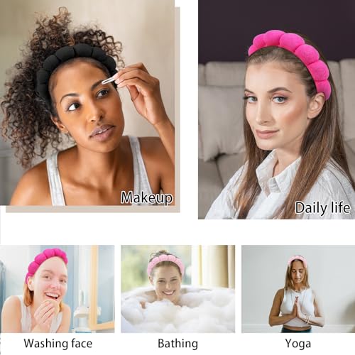 WHAVEL 3 Pack Spa Headband Skincare Headbands, Makeup Headband Sponge Terry Cloth Headbands Face Wash Headband Puffy Hair Band for Washing Face Women Girls (Pink, Hot pink, Black) - color: Pink, Hot pink, Black