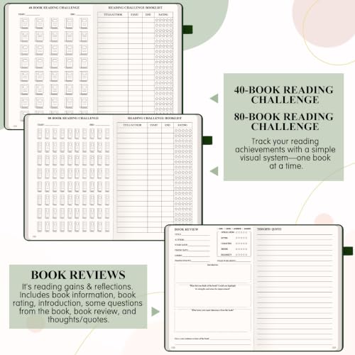 AKONEGE Reading Journal for Book Tracking - PU Leather Book Journal Reading Log with 80 Reviews for Readers, Accessories with Sticky Tabs, Pen Holder, Ribbon Bookmarks, 5.6" x 8.3", Earth Green - color: Earth Green