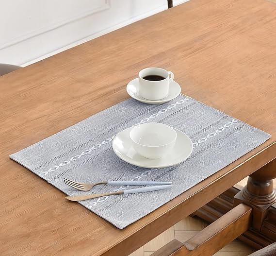 Wracra Cotton Linen Place Mats, Grey Embroidered Placemats Set of 6 - color: Hemstitched Grey, size: Placemats(Set of 6)