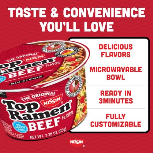 Nissin Top Ramen Bowl Ramen Noodle Soup, Beef, 3.28 Ounce (Pack of 6) - size: 3.28 Ounce (Pack of 6)