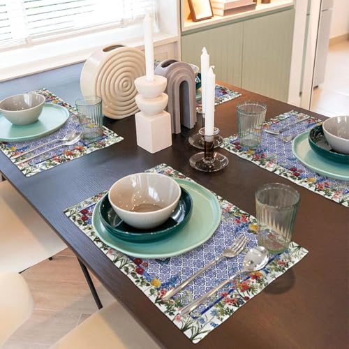 Chinoiserie Blue Floral Placemats Set of 4, Vintage Washable Heat Resistant Linen Fabric Rectangle Place Mat, Spring Summer Seasonal Table Mats for Kitchen Party Dining Table Decoration - color: Blue Flower