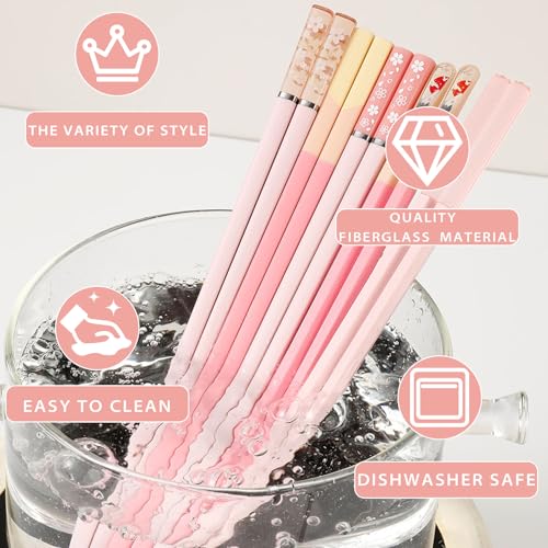 5 Pairs Pink Fiberglass Chopsticks, Non-Slip Reusable
