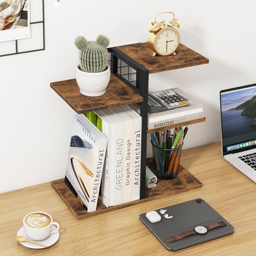 ELITEROO Desktop Shelf Organizer, 4-Tier Wooden Desk Bookshelf, Small Tabletop Book Shelf, Adjustable Display Rack for Home, Office, Dorm, Rustic Brown - color: Brown