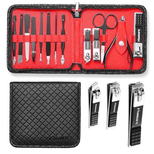 FAMILIFE Nail Kit, Professional Manicure Set Manicure Kit Nail Clipper Set, 13 in 1 Stainless Steel Pedicure Sets Clipper Tool, Men Grooming Tool with Portable Black Leather Travel Case for Him - color: Black