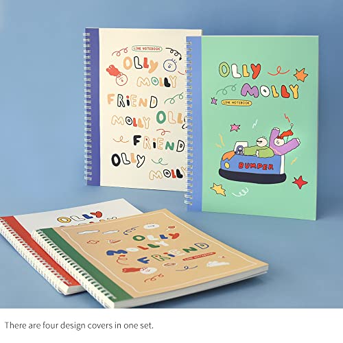 Monolike Spiral School Notebook, Olly Molly A 4P SET - 7.09 x 9.45inch, 98 Page, Academic Line Notebook - color: Olly Molly Line A