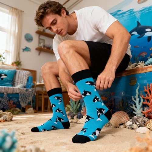 Colorful Funny Novelty Dress Socks for Men Women Teens Fathers Day Casual Fun Crazy Funky Graphic Crew Socks - color: 5 Pairs - Animals Style - Corgi Dachshund Orca Lion Colorful Moose Patterns Socks, size: 6-12