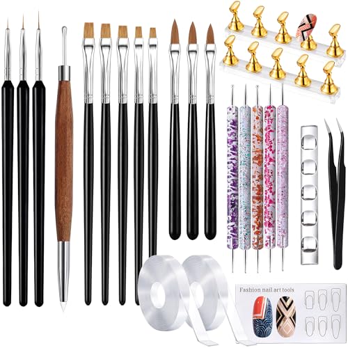 GELPARTY Professional Nail Art Tools Kit – 24PCS Nail Brush Set with Liner Brushes, Dotting Pens, Acrylic Gel Brushes, Nail Tape, Tweezers & Brush Holders for DIY Nail Design & Salon Use