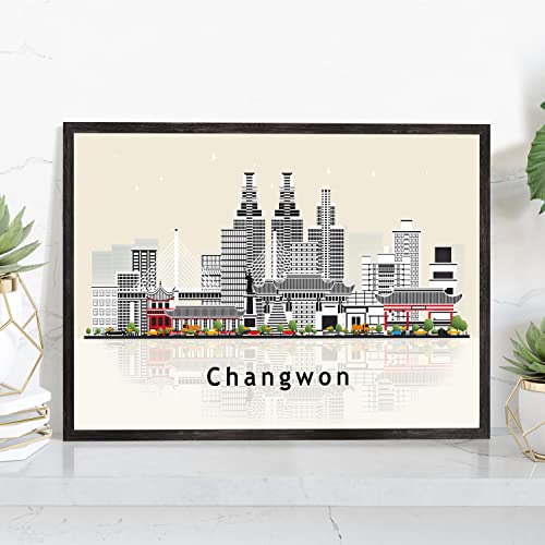 Pera Print Changwon Poster, South Korea Illustration Skyline City Poster, Modern Skyline Changwon Poster, Cityscape and Landmark Print, Home-Office Wall Art Decoration - 18x24 Inches - color: Changwon - South Korea, size: 24"L x 18"W