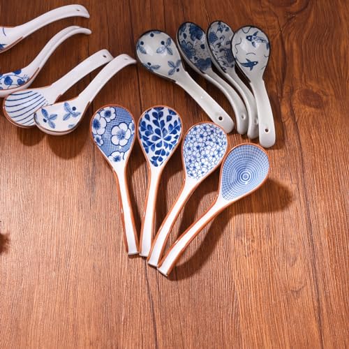 Ceramic Soup Spoon Set of 4, 6.5-Inch Blue and White Porcelain Ramen Spoons