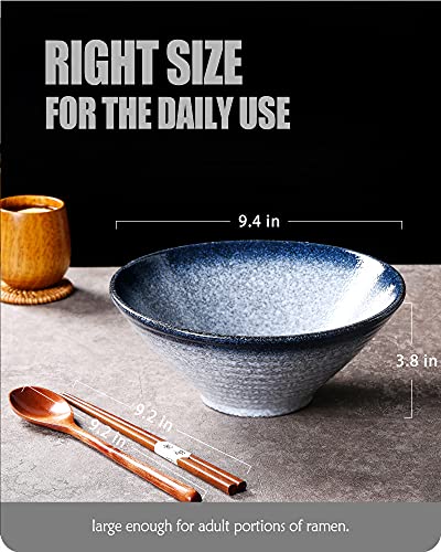 Lareina Ceramic Japanese Ramen Bowls, 2 Sets (6 Piece) 60 Ounce, Large Noodle Soup Bowl with Matching Chopsticks and Spoons for Asian Pho Udon Soba, Blue - color: Blue