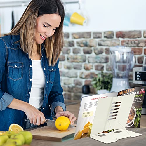 Honagu Book Stand Metal Desk Book Holder, Book Holders for Reading Hands Free, Adjustable Cookbook Documents Holder, Portable Bookstand for Music Books, Textbook, Recipe, Tablet, Ipad (Milky White) - color: Milky White