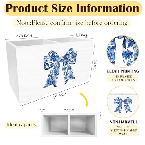Blue Chinoiserie Floral Bow Pen Holder for Desk, Coquette Preppy Pencil Organizer, Blue and White Bow Aesthetic Wooden Box Sign Desk Decor for Girls Bedroom Home Decoration - color: Floral
