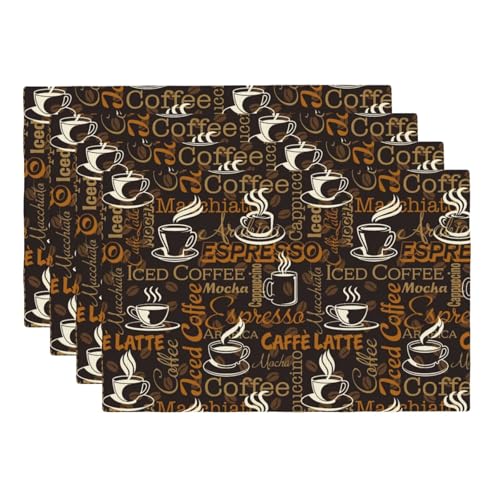 Brown Coffee Printing Rectangle Linen Table Placemet Set of 4 - color: Brown White, size: Set of 4