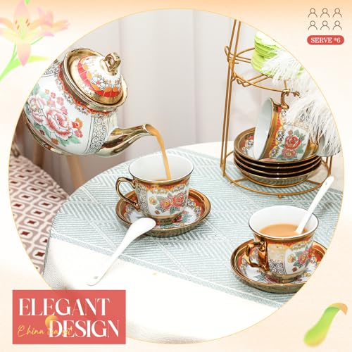 20 Pcs Adult Tea Party Set Porcelain with Metal Holder, Classic - style: Classic