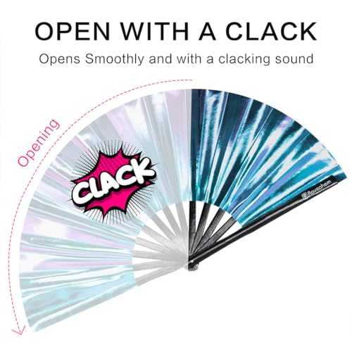 Large Rave Fan, Clack Folding Hand Fan with Premium Fabric, Thick Bamboo Frame for Men Women Gift for EDM, Festival, Club, Party, Dance, Decoration (Holographic Blue-Purple, 13") - color: Holographic Blue-purple, size: 13"