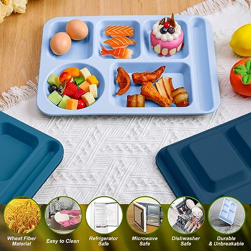 Pinkunn 12 Pcs 14'' Large Divided Plates Unbreakable Wheat Straw Lunch Trays 6 Compartments Cafeteria Trays Microwave Dishwasher Safe Food Separator Plates (Blue, Green, Dark Blue, Dark Green) - color: Blue, Green, Dark Blue, Dark Green