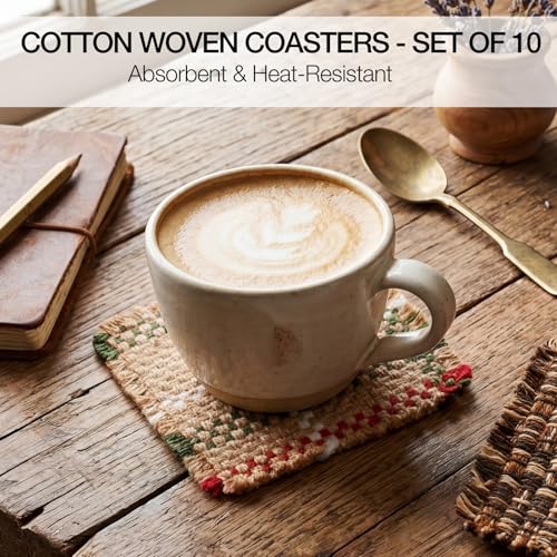 Set of 10 Fabric Drink Coasters, Handcrafted Cotton Woven Coasters for Table, Coastal Farmhouse Table Decor for Coffee Tea Cocktails, Absorbent Soft Desk Coasters for Kitchen Office, Housewarming Gift - color: Red & White Square