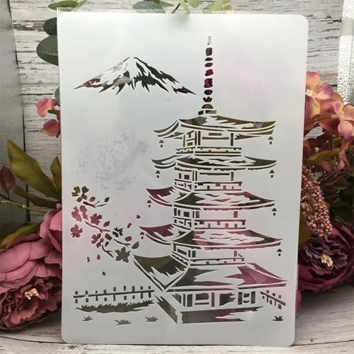 TIAMECH A4 Reusable Japanese Tower Stencil for Painting - style: Japanese Tower