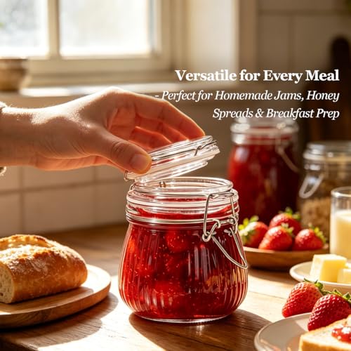 ComSaf Small Ribbed Glass Jars with Airtight Lids 17 oz 6 Pack Wide Mouth - size: 17 fl oz x 6 - Ribbed
