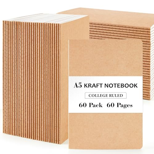 feela 60 Pack Kraft Notebooks Bulk, Lined Travel Journals Note Pad Notebooks for Men Women Girls Students, Making Plans Writing Memos Office School Supplies, A5, 60 Pages, 8.3” X 5.5” - style: Lined-60 Pack