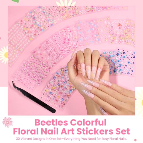 Beetles Nail Art Stickers 30 Sheets 3D Flower Nail Stickers Color Heart - color: G-Multicolor-30