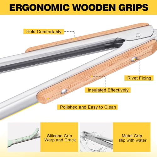Premium Metal Kitchen Tongs for Cooking - Heat Resistant 1100°F Stainless Steel Tongs with Comfortable Wooden Grips - Perfect for Grill, Salad, Toaster, Cooking, and Serving Food (12-inch)