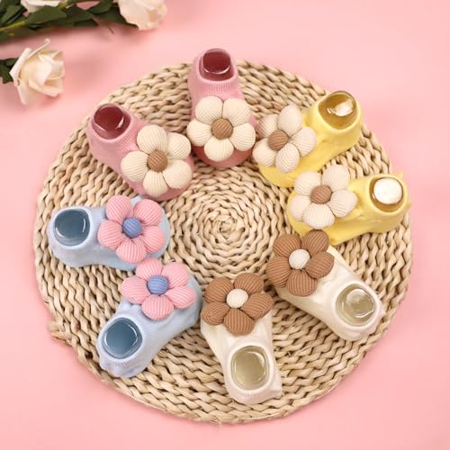 4Packs Baby Girls Socks,Flower Non-Slip Grips for Babies Toddler Princess - color: Pink Light Bule Off White Yellow